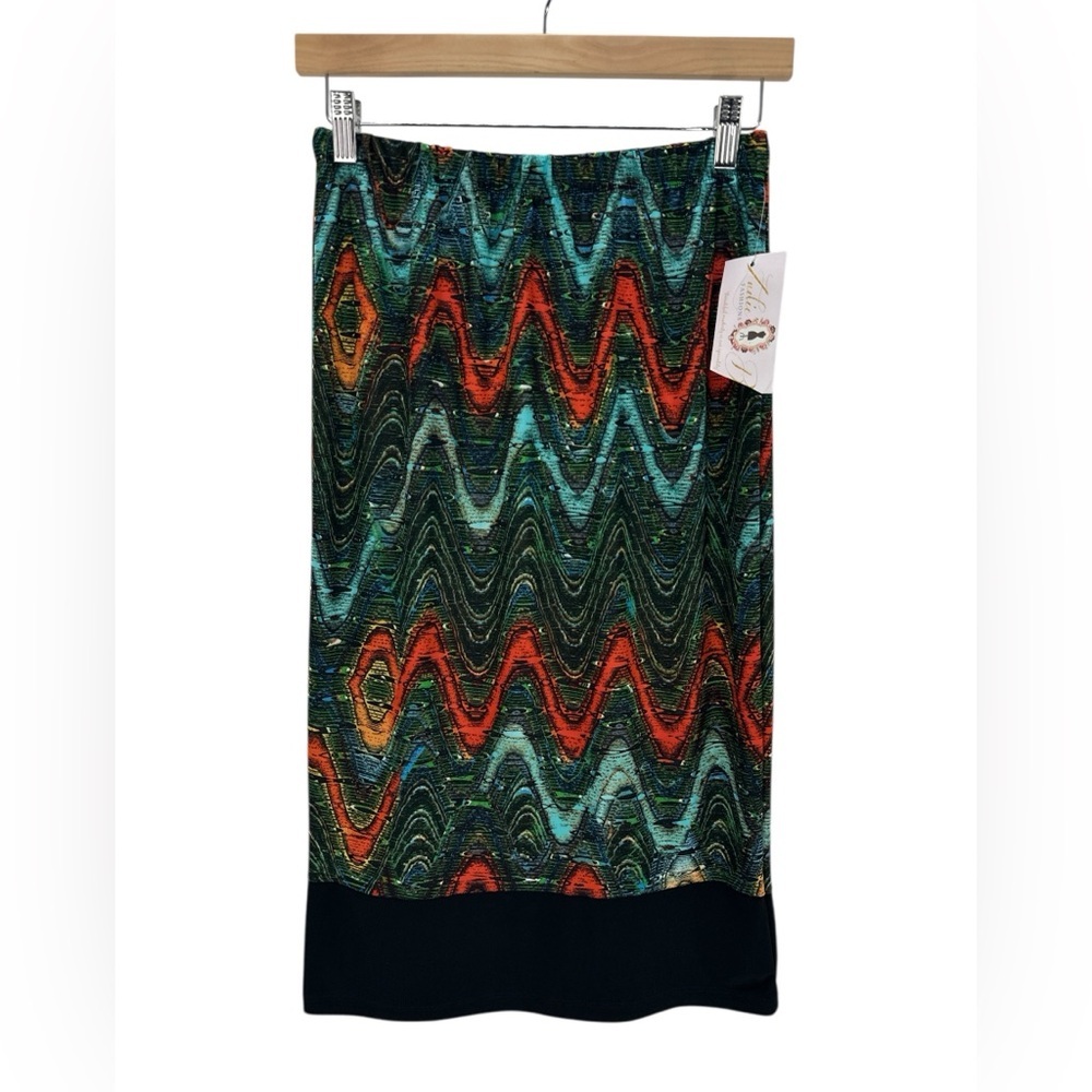 NWT Zadie B’s Midi Mackie Skirt Liquid Knit Abstract Chevron Boho‎ Indie Art S